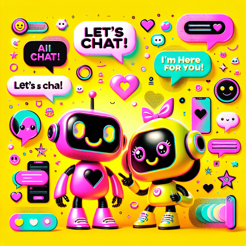 Bright yellow background featuring two cartoonish AI companions; a smiley robot in neon pink and a whimsical chatbot in black, both with playful speech bubbles saying “Let’s Chat!” and “I’m Here for You!” The image includes fun icons like hearts and stars, a bold title “Discover the Best AI Chat Platforms for Digital Companionship” in neon pink and black, and a dynamic pattern that captures the essence of digital companionship through AI chat platforms.