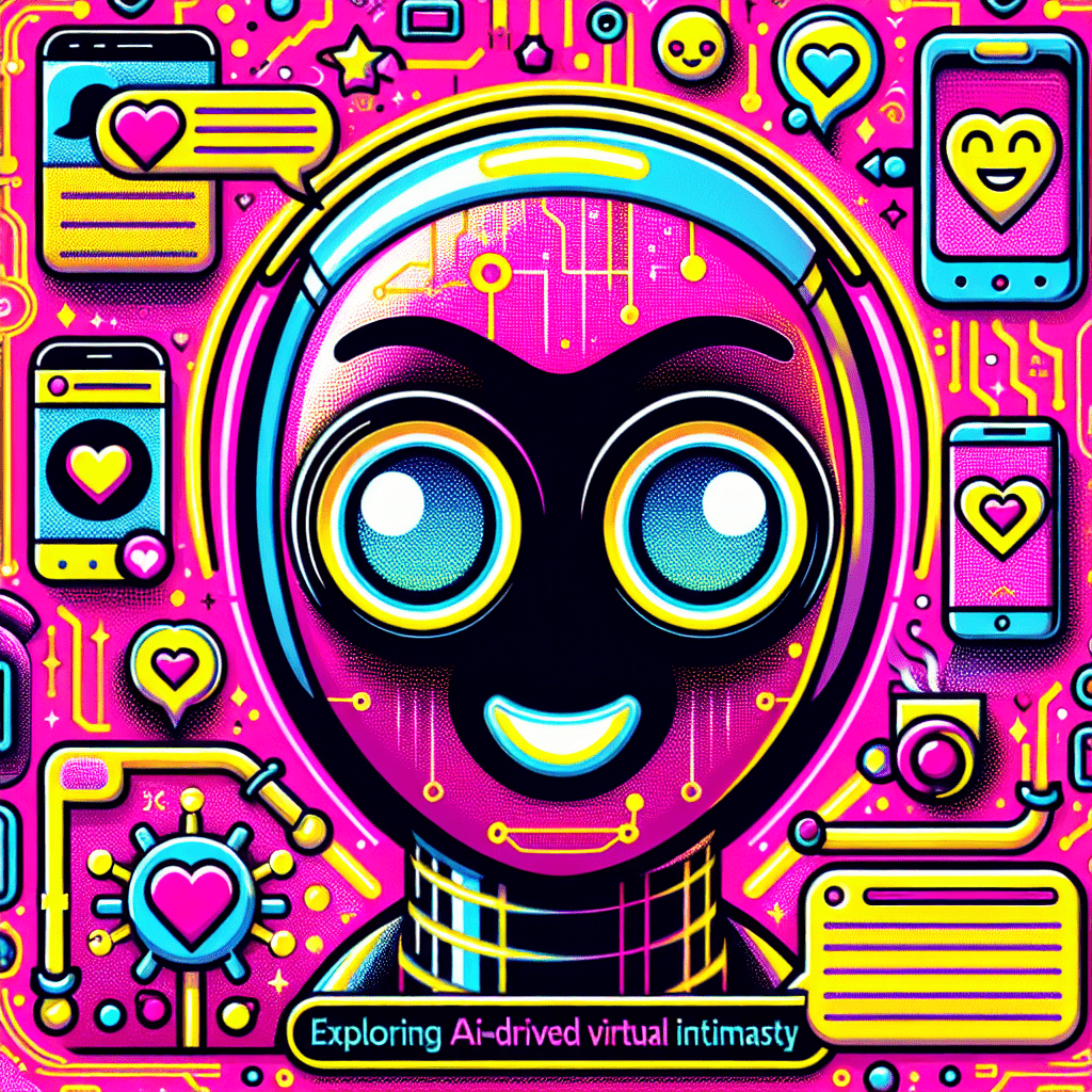 Bright neon pink background featuring a friendly cartoonish AI companion with robotic features, surrounded by playful icons symbolizing connection, including heart emojis and chat bubbles, all representing the theme of AI-driven virtual intimacy, with bold text overlay reading "Exploring AI-Driven Virtual Intimacy."