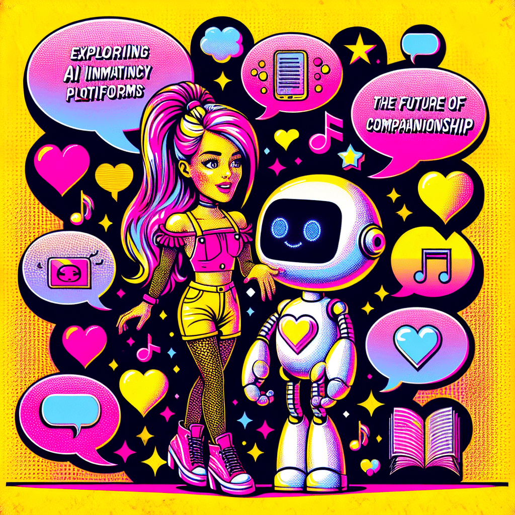 Vibrant pop-art scene featuring a smiling human character with Neon Pink hair and a cartoonish AI companion against a bright yellow background, showcasing customizable chat bubbles filled with icons representing personal interests, surrounded by playful hearts and stars, with the text “Exploring AI Intimacy Platforms: The Future of Companionship” prominently displayed, highlighting the fun and personalized nature of AI intimacy platforms.