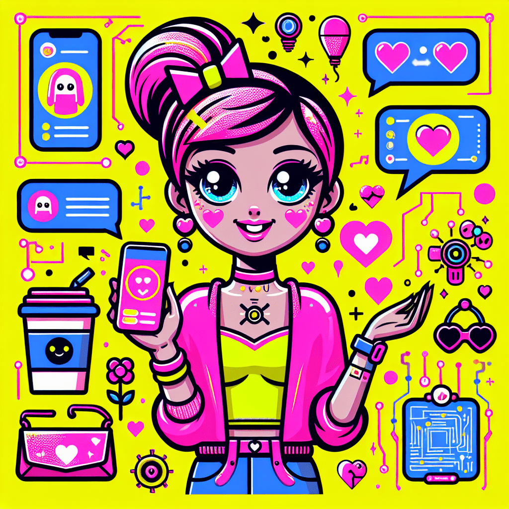 Cartoonish AI-powered girlfriend character with a bright yellow background, cheerful facial expression, trendy neon pink outfit, surrounded by digital elements like heart icons and circuit patterns, conveying the playful and engaging benefits of an AI-powered girlfriend.