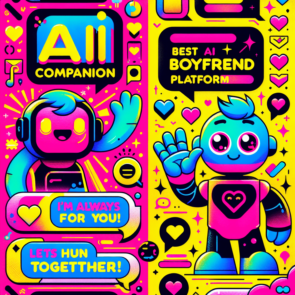 Bright pop-art style image featuring a playful Replika character and a charming AI Boyfriend in vibrant Neon Pink and Bright Yellow, with whimsical speech bubbles expressing companionship, capturing the essence of the blog "Best AI companion platforms: Comparing Replika and AI Boyfriend".