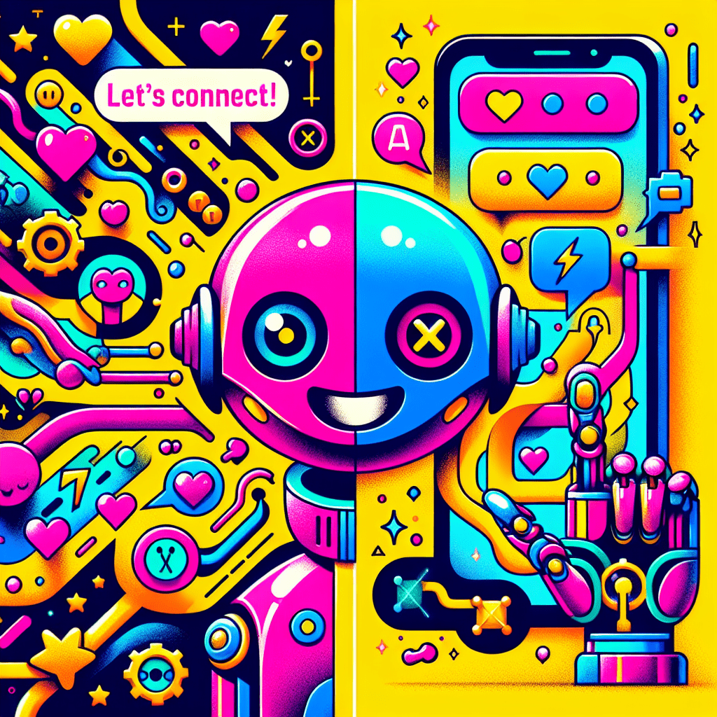 Vibrant cartoon image illustrating how to integrate ChatGPT with ProjectX.AI for enhanced AI relationships, featuring a Neon Pink robot with a chat bubble on the left and a Bright Yellow modern device representing ProjectX.AI on the right, surrounded by playful icons and a "Let’s Connect!" caption.