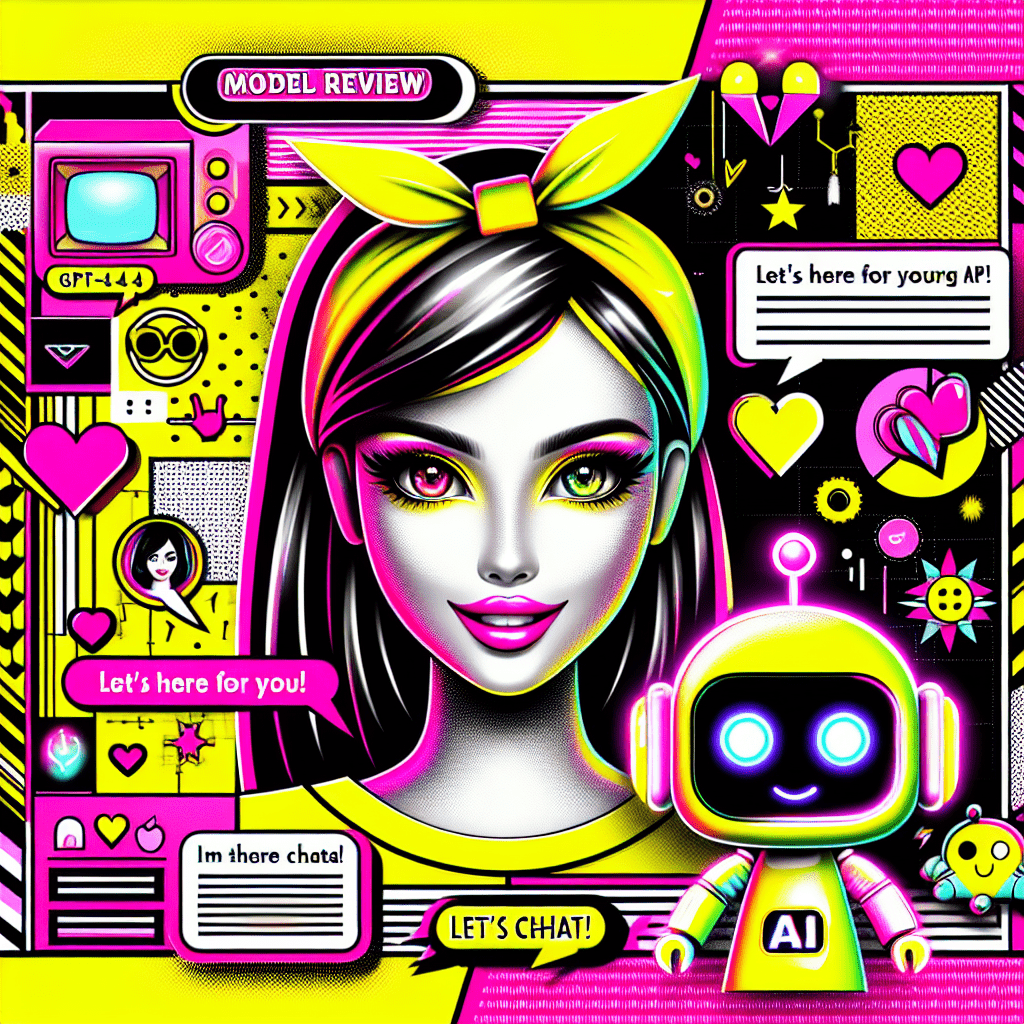 Cartoon illustration featuring a female AI companion and a friendly robot, set against a vibrant split background of bright yellow and neon pink. Fun icons like colorful hearts and playful speech bubbles surround the characters. Text overlay reads "Model Review: Using GPT-4 to Enhance GirlfriendGPT's AI" in bold typography, highlighting the theme of AI-enhanced girlfriend interactions.