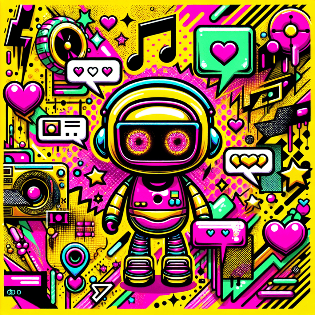 Vibrant graffiti-style background in yellow and neon pink featuring a cartoonish AI companion with pink skin, oversized headphones, and playful expressions, surrounded by speech bubbles with humorous phrases about NSFW AI interactions, hearts, and stars, emphasizing a lively and energetic atmosphere.