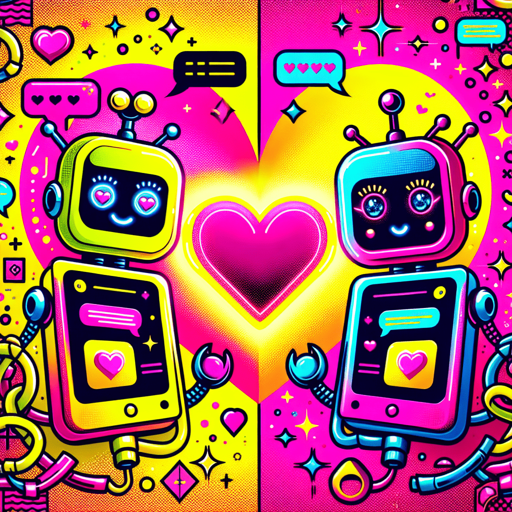 Vibrant featured image for the blog post SpicyChat vs. SpicyChat: Which is best for AI-driven relationships? showcasing two playful cartoonish AI robots on a bold Neon Pink background, holding smartphones with flirtatious chat bubbles, and a bright heart at the center with the title text in a fun font, enhanced by whimsical sparkles and emojis.