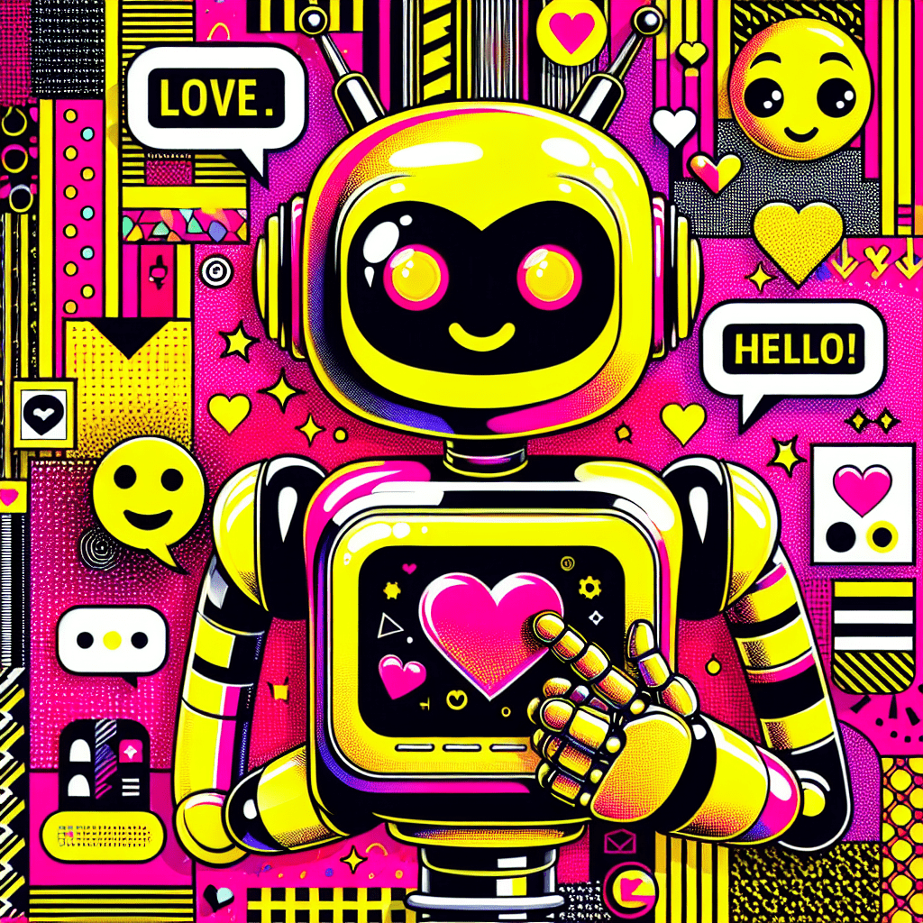 Vibrant neon pink background showcases playful cartoonish AI companions with big eyes and smiles, one holding a bright yellow heart, embodying love and connection; surrounded by chat bubbles and emojis, symbolizing interaction, all reflecting the blog theme of Using AI for virtual intimacy.