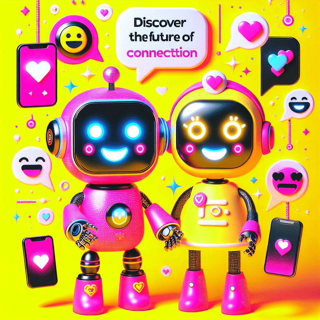 Vibrant featured image for the blog "Discover the Future of Connection: Virtual AI Companions," featuring a cheerful yellow background, cartoonish AI companions (a friendly neon pink robot and a cute humanoid character) engaging with playful communication icons, showcasing personalized connection through digital devices, and accompanied by fun elements like stars and confetti, all aligned with the All My Love brand.