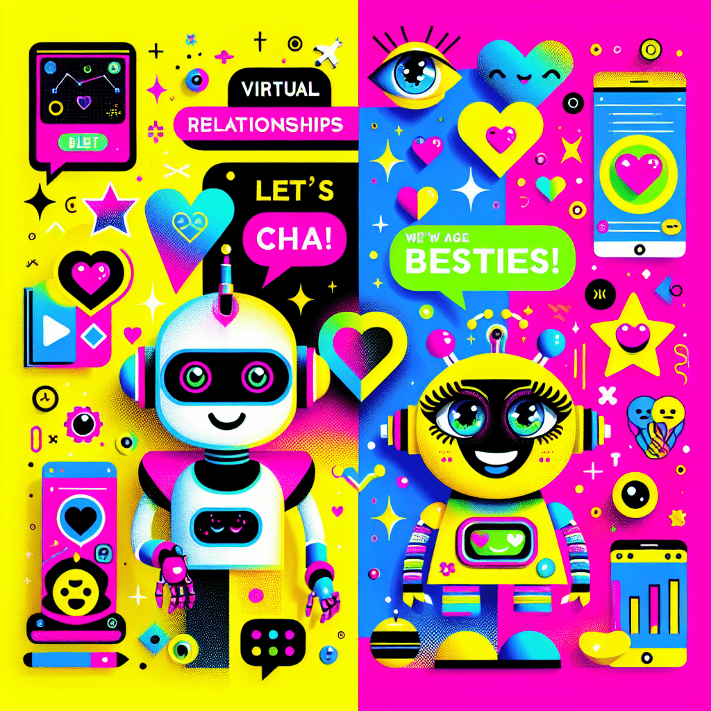vibrant pop-art style image representing virtual relationships with AI, featuring a split background of Neon Pink and Bright Yellow, two cartoonish AI characters, a friendly robot and a whimsical creature, surrounded by playful elements like speech bubbles and hearts, with the blog title in bold white typography with Neon Pink outlines at the top, capturing the essence of companionship in a fun and colorful design